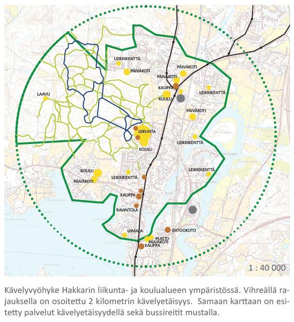 Vaikutusten ennakkoarviointia; esim. kaavoituksesta Alueen sisäinen kävely- ja pyöräilyverkko on hyvä.