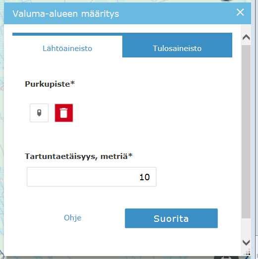 KÄYTTÖOHJE Valuma-alueen määritys 7 (8) Valuma-alueen laskenta 1. Valitaan lomakkeelta purkupisteen kuvake ja osoitetaan haluttu valumaalueen puirkupiste kartalle klikkaamalla.