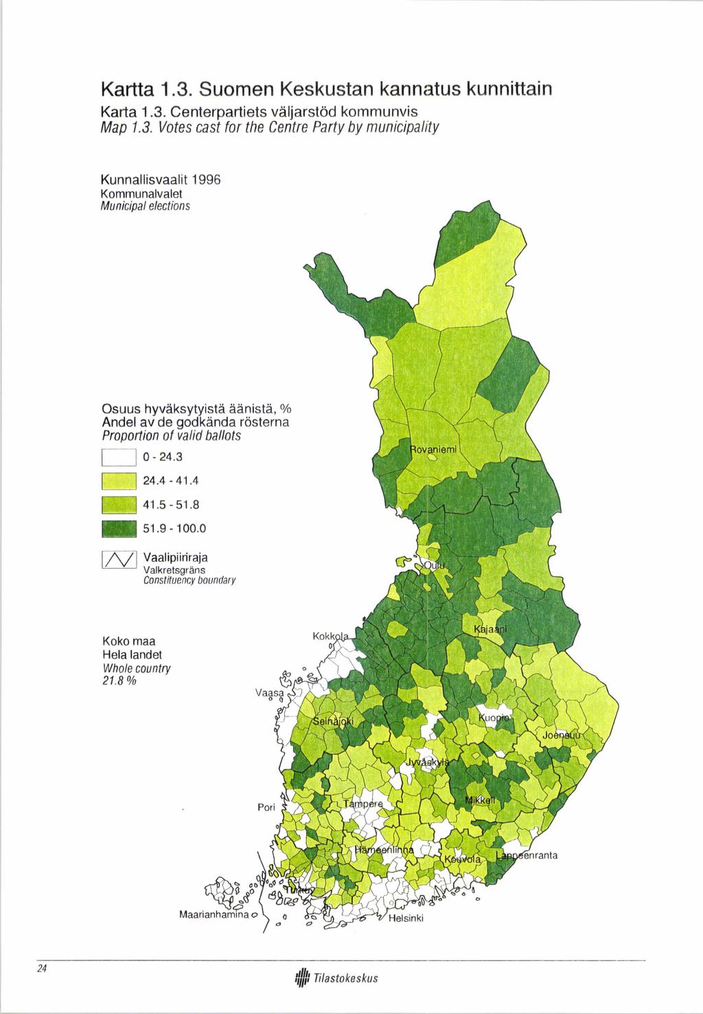 Kartta 1.3. Suomen Keskustan kannatus kunnittain Karta 1.3. Centerpartiets väljarstöd kommunvis Map 1.