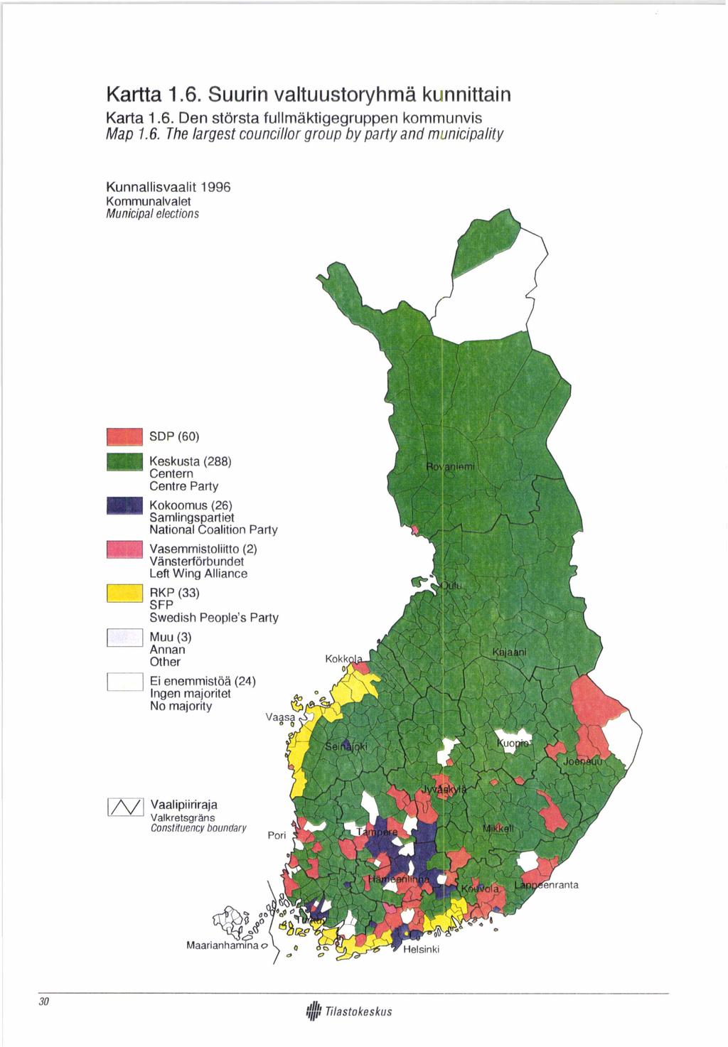 Kartta 1.6. Suurin valtuustoryhmä kunnittain Karta 1.6. Den största fullmäktigegruppen kommunvis Map 1.