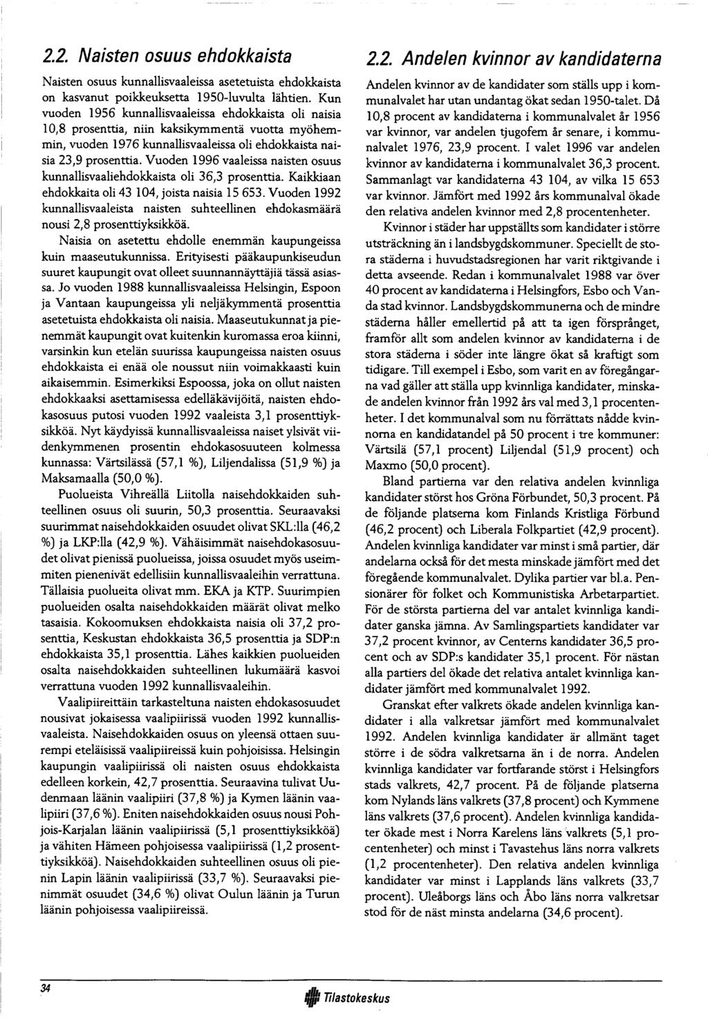 2.2. Naisten osuus ehdokkaista N aisten osuus kunn allisvaaleissa asetetuista ehdokkaista on kasvanut poikkeuksetta 1950-luvulta läh tien.
