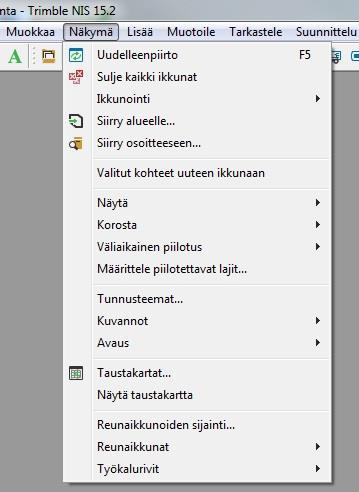 45 Kuvio 23. Avattu Näkymä-valikko toimintoineen 7.2.5 Lisää Lisää-valikon toimintoja käytetään pääasiassa mittauksia tallennettaessa karttapisteiden lisäykseen ja automaattisen tunnuskäsittelyn aktivoimiseen.