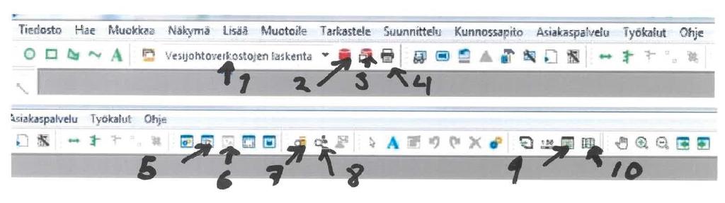 50 7.3 Yläpalkin pikanäppäimet Alla olevassa kuviossa 27 on nähtävissä numeroituina NIS-järjestelmän yleisimmin käytetyt yläpalkin pikanäppäimet.