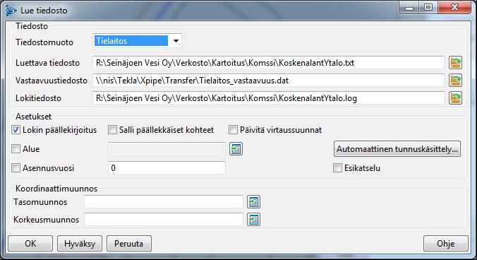 65 Kuvio 43. Lue tiedosto Luettaessa Tiedostomuotoa Tielaitos NIS-järjestelmä tarvitsee tiedoston lukemiseen myös kuviossa 43 näkyvän oikean vastaavuustiedoston.