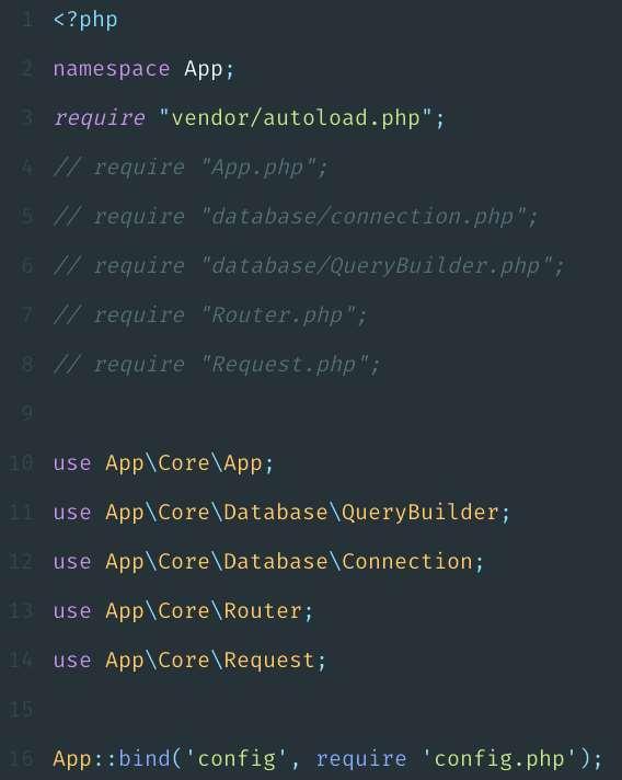 Autoload 19 käytössä Nyt voidaan poistaa bootstrap.php tiedostosta require:t ja korvata ne vendor/autoload.