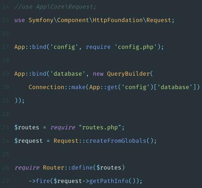 Vaihdetaan luokan toteutus toiseen 21 Muista composer dumpautoload Käytetään symfonyn Request luokkaa Luodaan $request