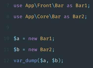 Use namespace 5 Voidaan kirjoittaa luokan täydellinen nimiavaruus Jos ollaan nimiavaruudessa App ja halutaan App\Core\Bar, voidaan kirjoittaa vain Core\Bar Tai jos