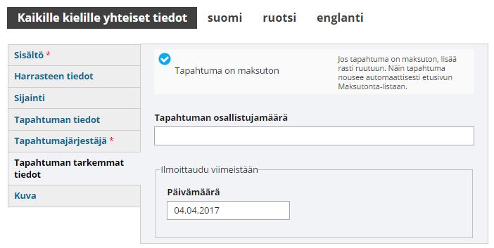 Tapahtuman tarkemmat tiedot 10 Valinta poimii hakuun erikseen