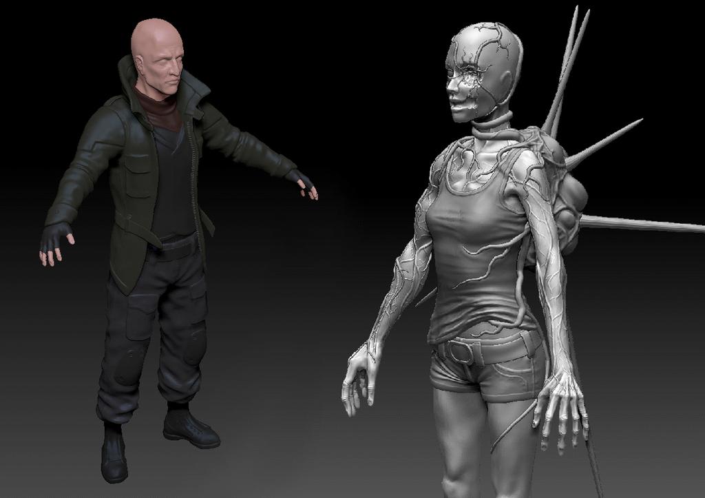 27 Kuva 12. High-poly-mallit valmiina ZBrush ohjelmassa. Pelkästään konseptipiirroksen perusteella mallintaminen oli hankalaa paikoitellen ja silloin mallikuvat sekä anatomiakirjat auttoivat paljon.