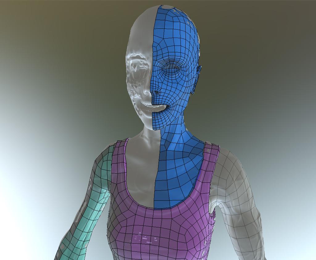 29 Kuva 13. Retopology-vaihe 3D-Coatissa. Low-poly-mallia mallintaessa yritin ottaa huomioon geometrian taipumisen, kun hahmo liikkuu ja näin ennakoida mahdolliset ongelmat.