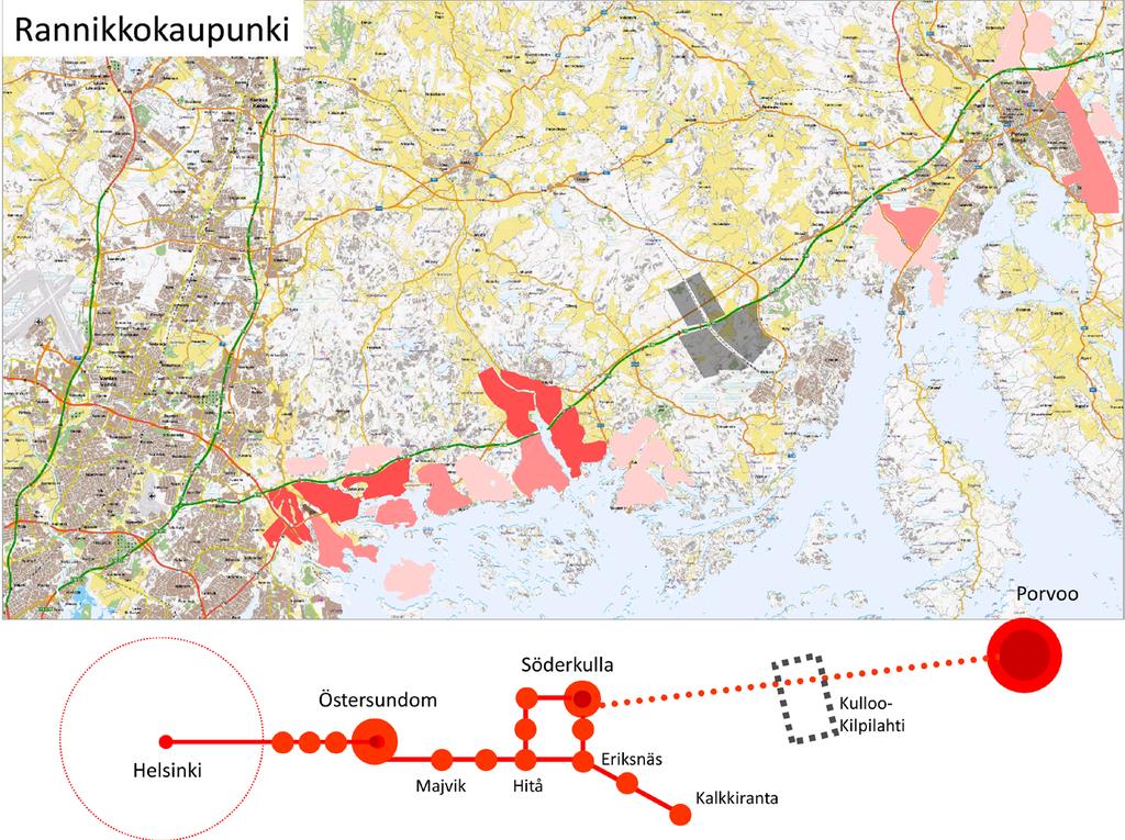Kolme vaihtoehtoa tulevasta kaupunkirakenteesta Rannikkokaupunki muodostuu kaupunkinauhasta Helsingistä rannikon suuntaisesti kohti Söderkullaa ja edelleen