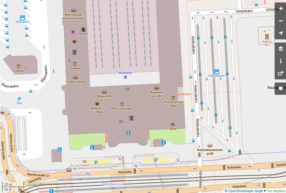 17 KUVA 9. OpenStreetMap kartta Helsingin rautatieasemasta. ( OpenStreetMapin tekijät) Avoimuus on myös poikinut yllättäviä käyttötapoja.