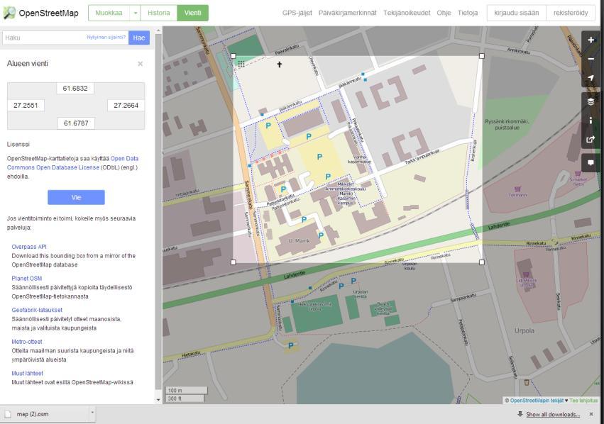 3.1 OpenStreetMap & CityEngine 24 Työn ensimmäisenä vaiheena oli ladata OpenStreetMap-sivulta Mikkelin ammattikorkeakoulun alueesta OSM tiedosto.