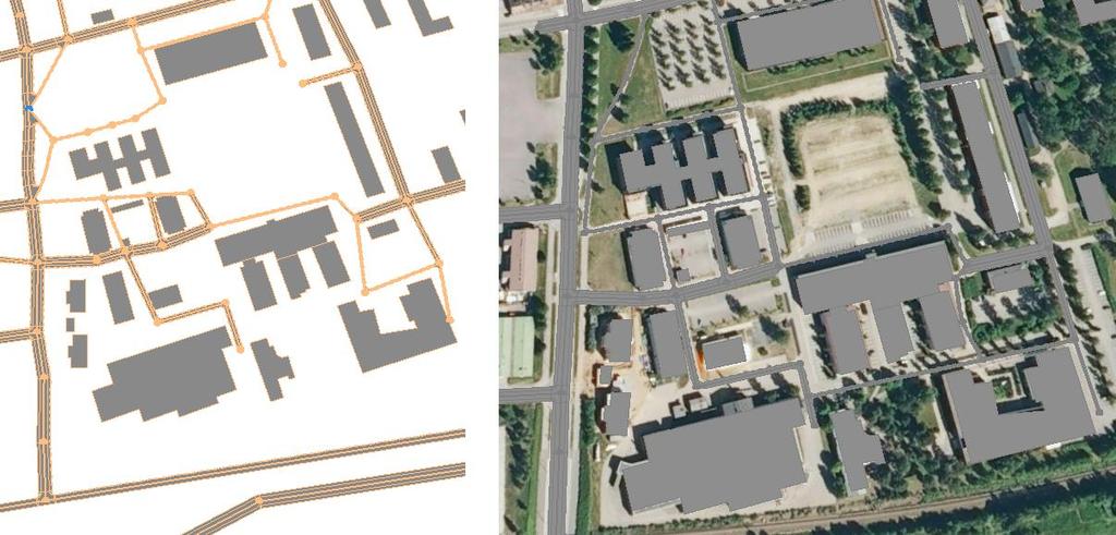 26 KUVA 13. Vasemmalle OSM tiedosto importattu ja oikealla OSM tiedostoa korjailtu ja alle on liitetty ortokuva 3.1.1 Sääntöihin perustuva mallinnus CityEnginessä mallinnus perustuu pääsääntöisesti sääntöihin.