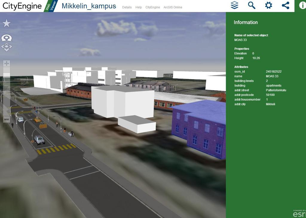 3.2 Web viewer 37 Ohjelman web viewer -toiminnolla malleja voidaan katsella selaimella. Ennen kuin mallit voidaan viedä selaimelle, täytyy nämä muuttaa CityEnginen web scenemuotoon.
