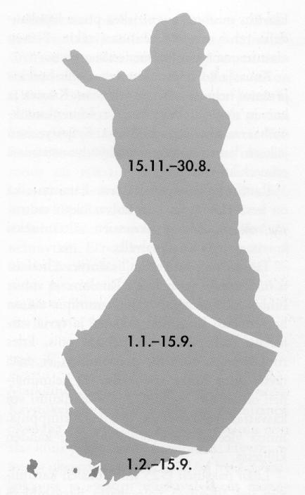 TAMPEREEN AMMATTIKORKEAKOULU TUTKINTOTYÖ 31(89) Kuva 13 Pystykarsintaan sopivat ajat eri puolilla Suomea. (Kuva: Sairanen ym. 1997) Sopivimmat ajankohdat pystykarsinnalle vaihtelevat maan eri osissa.