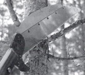 Kuolleet alaoksat voi poistaa tehokkaasti iskemällä oksantyveen veitsimäisellä terällä (kuva 18).