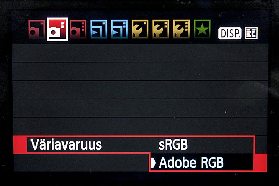 valo, tarvitaanko salamaa? VÄRIAVARUUS Ennen kuvaamista on hyvä tarkistaa kamerassa käytössä oleva väriavaruus. Väriavaruus valitaan kameran Menu- valikon Väriavaruus- kohdasta.