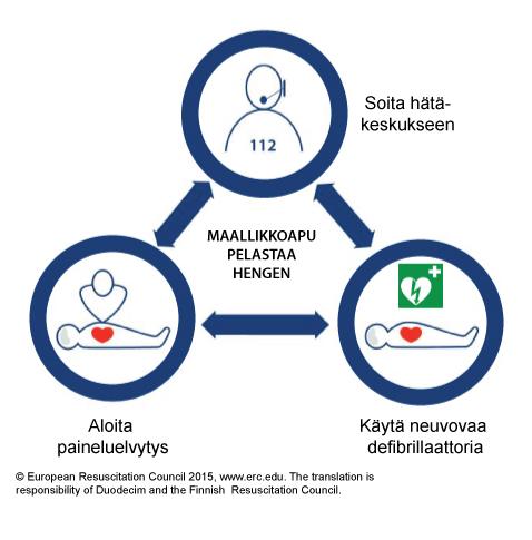 13 4 MAALLIKON TOIMINTA SYDÄNPYSÄHDYKSESSÄ Maallikon toiminnan pääpiirteet sydänpysähdyksessä ovat elottomuuden tunnistaminen, avun hälyttäminen hätäkeskuksesta, peruselvytyksen aloittaminen sekä