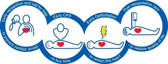 14 tehokkaasta elvytyksen jälkeisestä hoidosta. (European Resuscitation Council 2015; Hollenberg, Svensson, Rosenqvist 2013.) KUVIO 5. The chain of survival (European Resuscitation Council 2015).