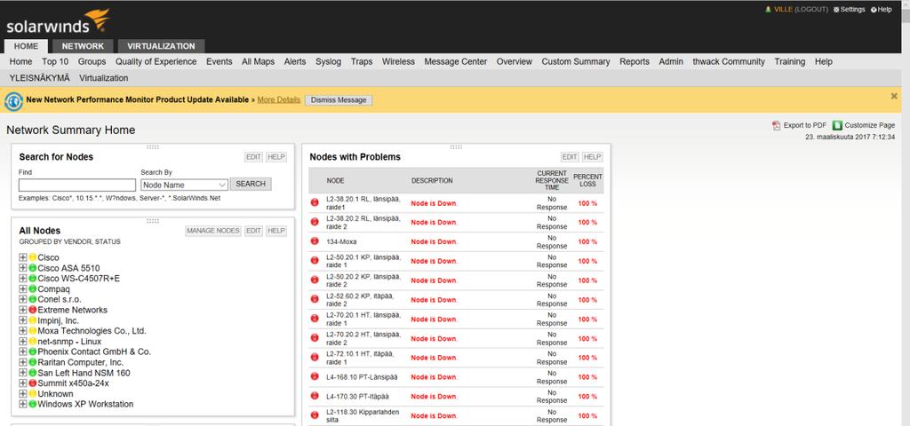 28 Kuvio 14: Solarwinds Orion NPM:n etusivu (HKL Sisäinen materiaali) 4.2.1 Kyselyjärjestelmä Kyselyjärjestelmä suorittaa määrätyn ajan välein kyselyitä verkonvalvonnassa oleville laitteille, jos