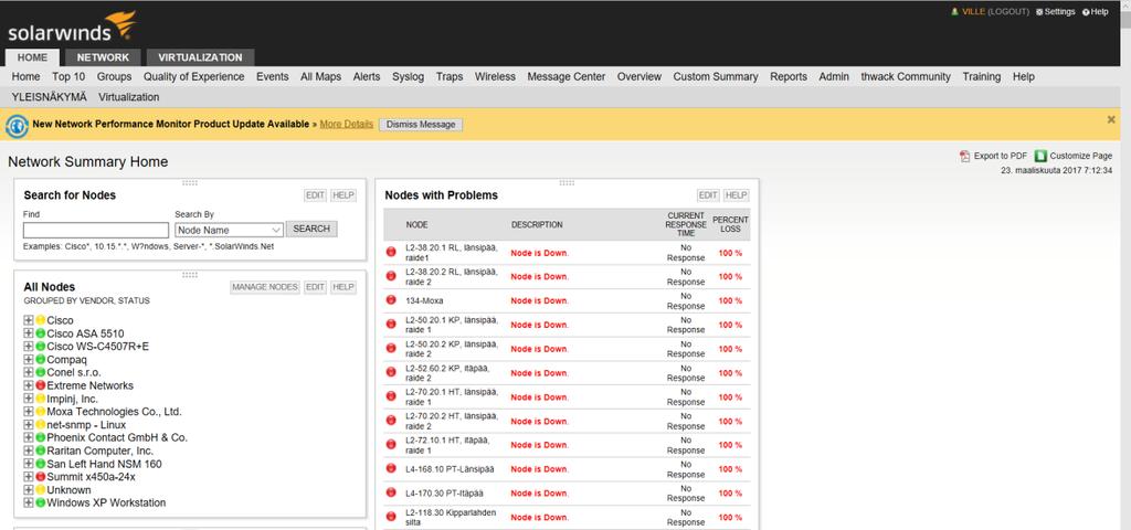 28 Kuvio 14: Solarwinds Orion NPM:n etusivu (HKL Sisäinen materiaali) 4.2.1 Kyselyjärjestelmä Kyselyjärjestelmä suorittaa määrätyn ajan välein kyselyitä verkonvalvonnassa oleville laitteille, jos