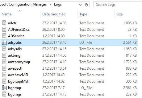 30 KUVA 8. SCCM tallentaa lokitietoja LOG- ja LO_-päätteisiin tiedostoihin. Kuvassa LOG-päätteiset tiedostot näkyvät Text Document tyyppisinä.