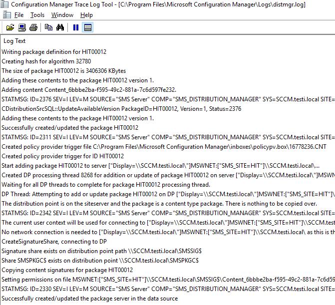 45 5.4.2.4 Distmgr.log SCCM:ssä kaikista asennettavista ohjelmista tehdään ensin paketti tai Task Sequence, joka asennetaan kohdekoneeseen verkon kautta. Distmgr.log tiedosto sisältää tiedon tehdyista paketeista ja niihin kohdistuneista päivityksistä.