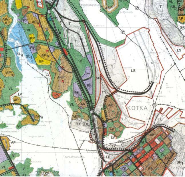 25(131) viranomaisia käytön järjestämisessä, esim. tiesuunnittelussa. Kotkan yleiskaava on voimassa, mutta se ei ole mantereen osalta oikeusvaikutteinen. Kuva 10. Ote Kotkan yleiskaavasta.