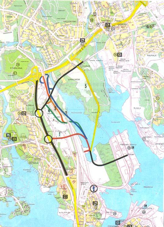 29(131) Kuva 13. Hietasen satamatien alustavat suunnitteluvaihtoehdot (Kaakkois-Suomen tiepiiri 1997). Kartta ~1:25000.