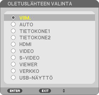 Tulosignaalin lähde vaihtuu seuraavasti: TIETOKONE1 TIETOKONE2 HDMI VIDEO S-VIDEO VIEWER USB-NÄYTTÖ TIETOKONE1.