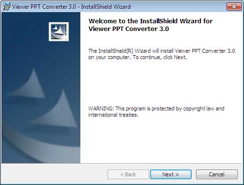 4. Viewer-toiminnon käyttäminen 2. Valitse valikkoikkunasta Install Viewer PPT Converter 3.0. Asennus käynnistyy. Kun asennus on suoritettu, näyttöön tulee Tervetuloa-ikkuna. 3 Valitse Next.