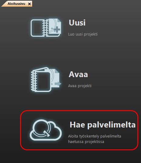 10 (77) 1.4.3. Työskentelyn aloittaminen palvelimelta 1. Käynnistetään uusi istunto. 2. Valitaan toiminto aloitussivulta tai Quick Access toolbarista 3.