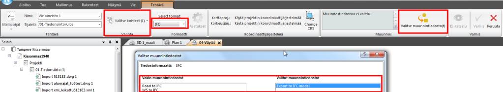 32 (77) 2. Valitaan tehtävä joka halutaan kirjoittaa ulos, formaatti johon kirjoitetaan sekä muunnintiedosto millä aineisto tuotetaan. 3.