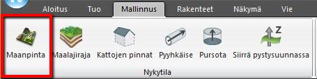 48 (77) MALLINNUSTYÖKALUT 6.1. Pintamallin luonti kolmioverkko (TIN) 1. Siirrytään Mallinnus välilehdelle. 2. Valitaan pintamallin luonti Maanpinta käsky. 3.