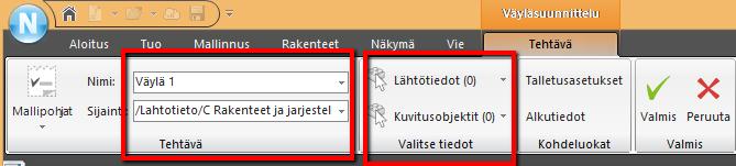 Määritä nimi, sijainti projektipuussa sekä valitse tiedot joihin väylämallin laskenta halutaan kohdistaa. 3.