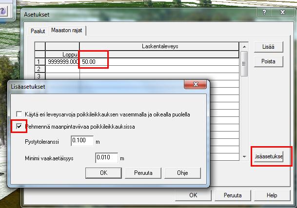 72 (77) asetuksiin maaston rajat-kohtaan kapeampi laskentaleveys sekä laita lisäasetuksissa pehmennys päälle.