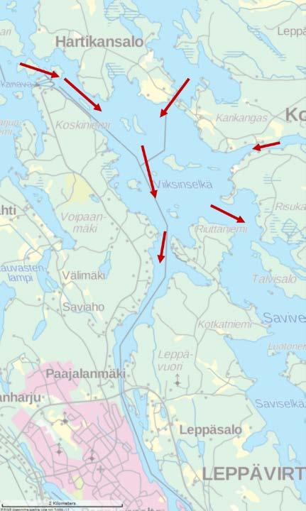 LIITE 4. Virtausolettama. Konnuksen kanava, Leppävirta Kuvaan on merkitty skenaariomallinnuksessa käytetyt virtaussuunnat pintavirtausvektoreina.