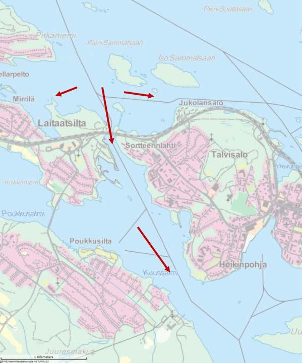 LIITE 5. Virtausolettama. Laitaatsalmi, Savonlinna Kuvaan on merkitty skenaariomallinnuksessa käytetyt virtaussuunnat pintavirtausvektoreina.