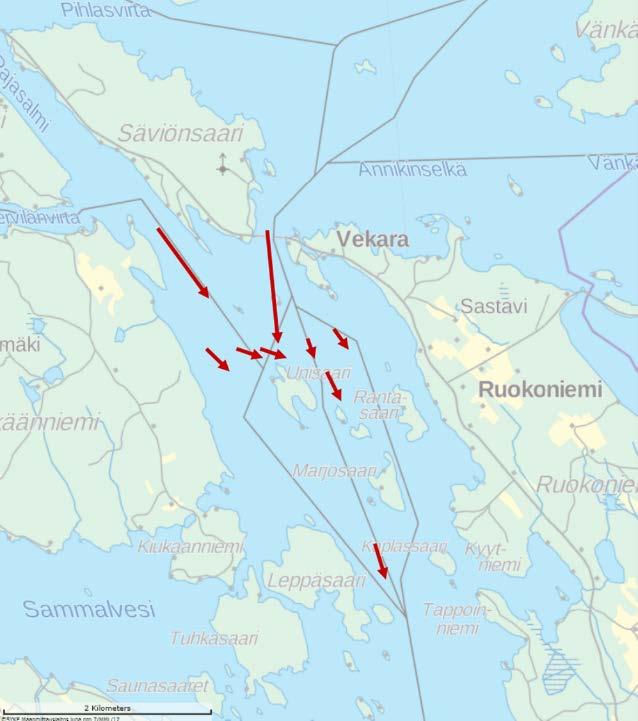 LIITE 6. Virtausolettama. Vekaransalmi, Sulkava Kuvaan on merkitty skenaariomallinnuksessa käytetyt virtaussuunnat pintavirtausvektoreina.