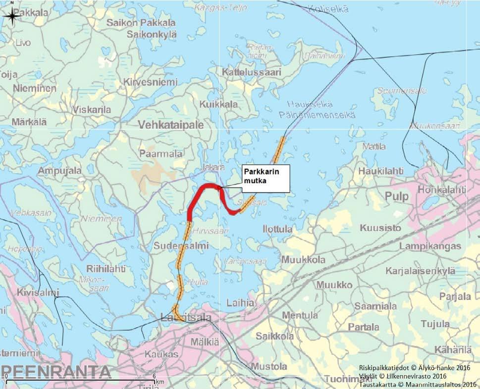 KUVA 11. Etelä-Karjalan pelastuslaitoksen alusonnettomuusriskialueet (kuva Jouni-Juhani Häkkinen 2016).