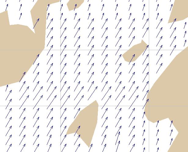 KUVA 3. Kuvissa 1 ja 2 esitetyn Vekaransalmen alapuolisen Leppäsaaren ja Kyytniemen välisen salmen virtausten muunnos GNOME-mallinnusohjelman käyttämään vektorimuotoon.