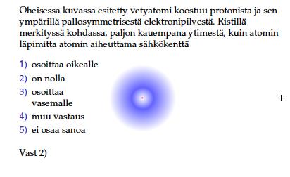 KYSYMYS: Oheisessa kuvassa esite>y vetyatomi koostuu protoneista ja sen ympärillä pallosymmetrisestä elektronipilvestä.