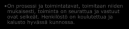 On prosessi ja toimintatavat, toimitaan niiden mukaisesti joskus, mutta oman toiminnan seuranta ovat puutteellisia. Kaluston käyttökunnossa ja kunnossapidossa on puutteita.