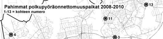 Taulukko 3. Pahimmat polkupyöräonnettomuuspaikat Helsingissä vuosina 2008 2010. Polkupyöräonnettomuudet PP henk. vah.
