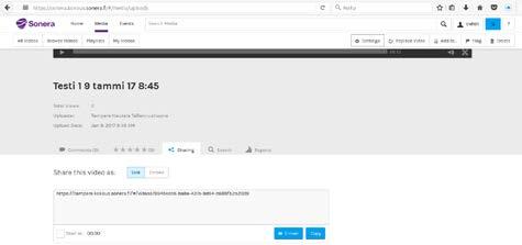 Jaa tallennettu kokous eri osapuolille Sivun alalaidasta voit jakaa videon sähköpostitse tai kopioida julkisen linkin ja liittää sen haluamaasi dokumenttiin tai sovellukseen.