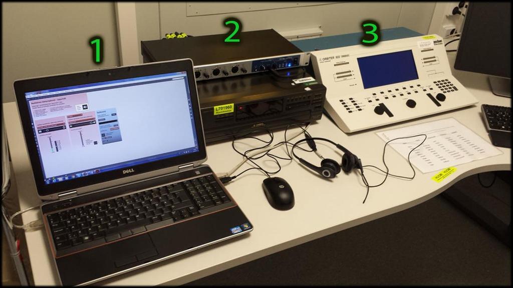 21 Kuva 12. Kuva kuunteluhuoneen ohjauspöydästä, jossa ohjaava tietokone (1), RME Fireface 802 äänikortti (2) sekä perinteinen audiometrialaite (3). 3.