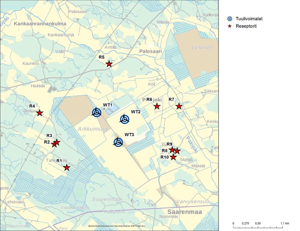 Kuva 2: Reseptoripisteiden sijainnit Arkkuinsuon alueella. 2.5 Välkevarjostusvaikutus Mallinnettu arvio Arkkuinsuon voimaloiden aiheuttamista todellisten välketuntien vuotuisesta määrästä on esitetty karttakuvana (Kuva 3).