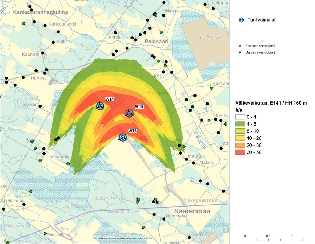 Kuva 3: Arkkuinsuon tuulivoimaloiden aiheuttama välketuntien määrä. Taulukko 5: Turbiinien aiheuttaman välkevaikutuksen kesto reseptoripisteiden kohdilla.