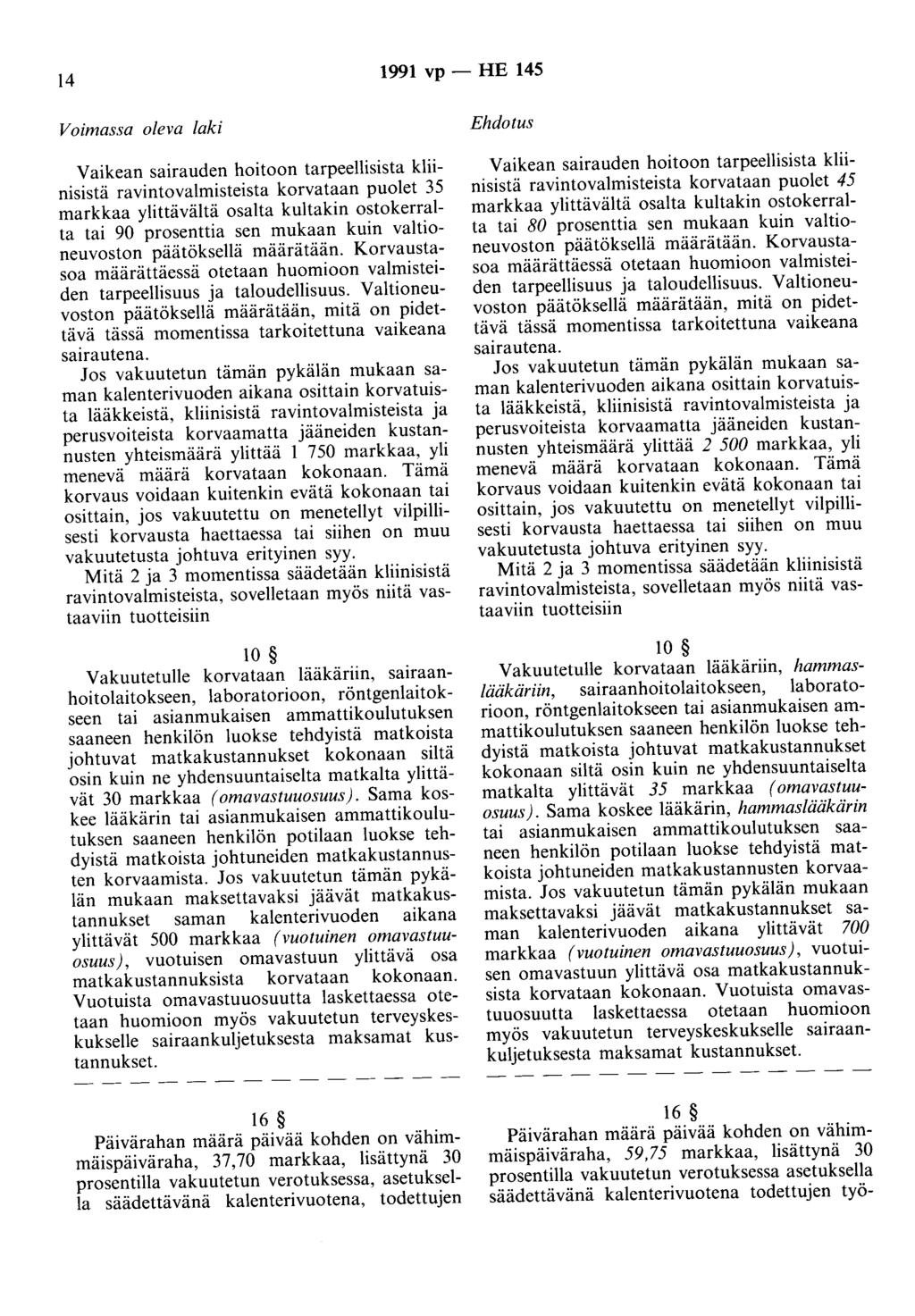 14 1991 vp - HE 145 Voimassa oleva laki Vaikean sairauden hoitoon tarpeellisista kliinisistä ravintovalmisteista korvataan puolet 35 markkaa ylittävältä osalta kultakin ostokerralta tai 90 prosenttia